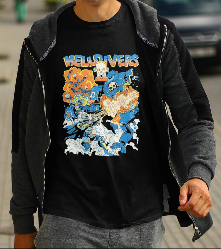 Helldivers Comic Style Explosive Battle Scene Skulls Robots Flames T-Shirt