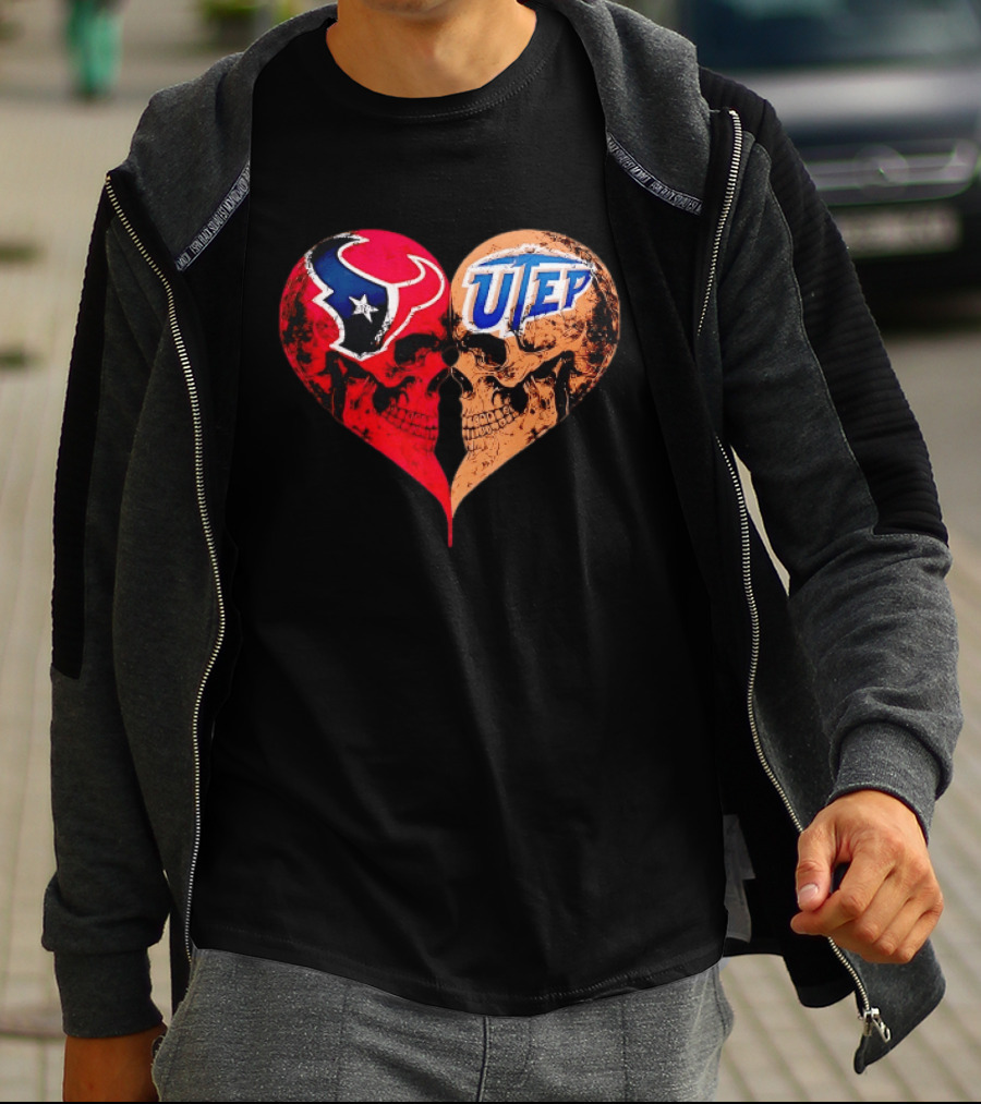 Houston Texans UTEP Miners Skulls Heart Shape Face To Face T-Shirt