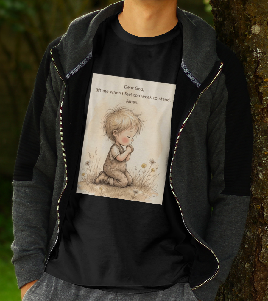 Dear God Lift Me When I Feel Too Weak To Stand Amen Kneeling Child Prayer Floral Field T-Shirt