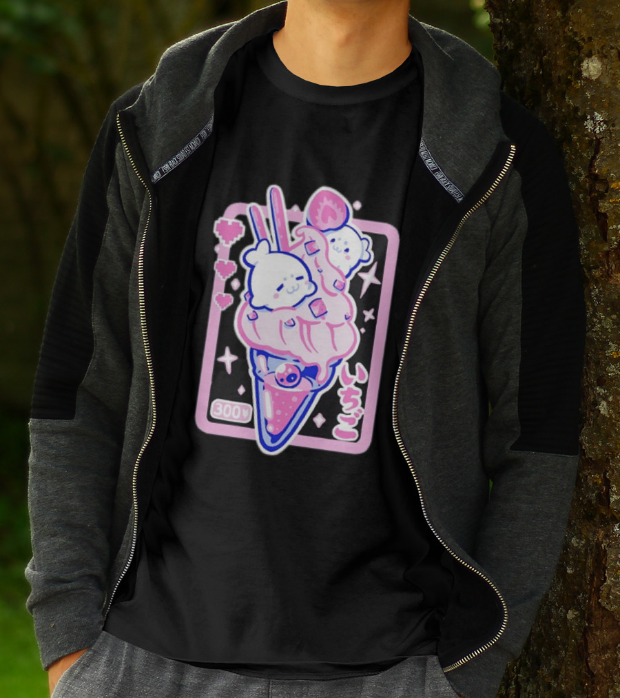 Kawaii Strawberry Ice Cream With Seals And 300 Yen Cute Hearts T-Shirt