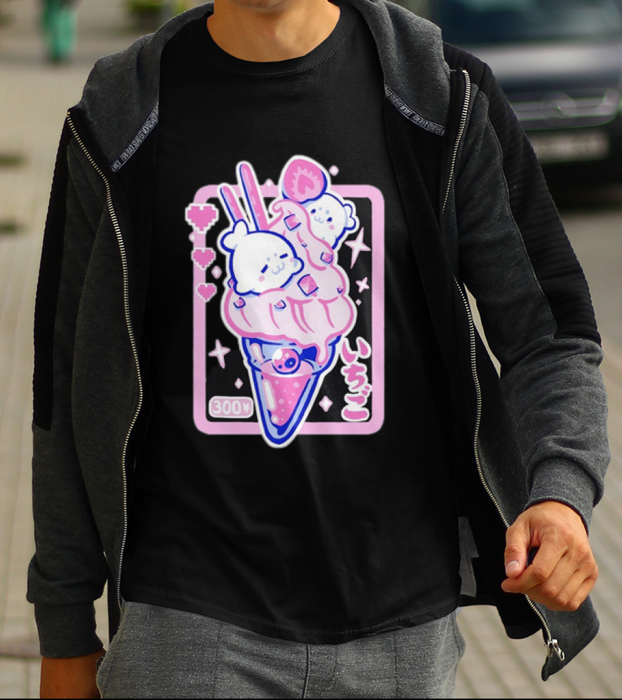Kawaii Strawberry Ice Cream With Seals And 300 Yen Cute Hearts T-Shirt