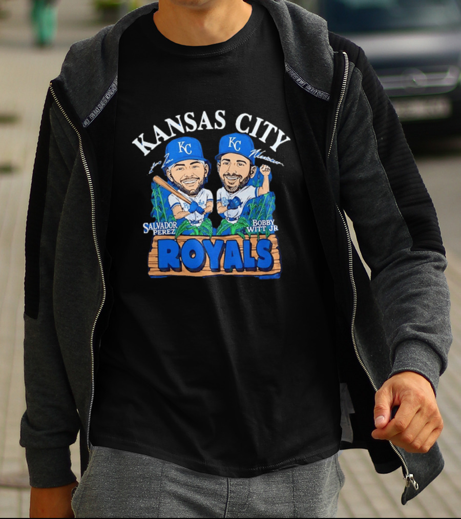 Kansas City Royals Salvador Perez Bobby Witt Jr Cartoon Baseball T-Shirt