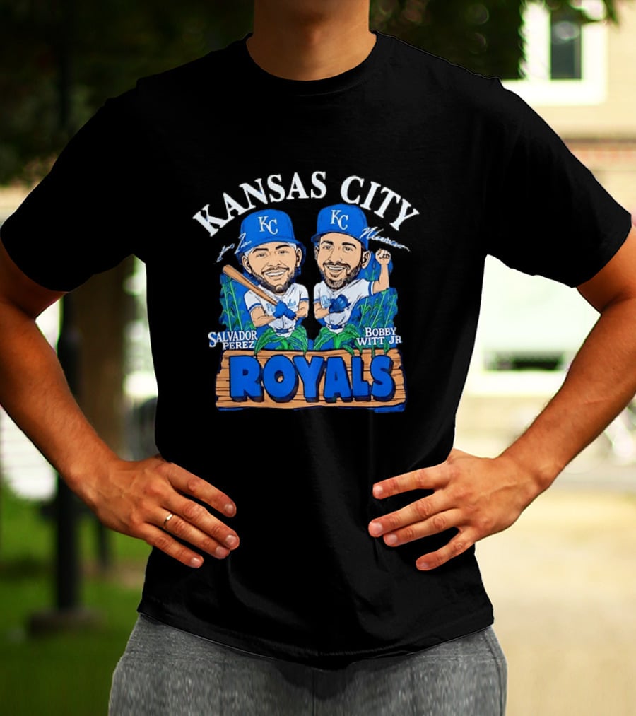 Kansas City Royals Salvador Perez Bobby Witt Jr Cartoon Baseball T-Shirt