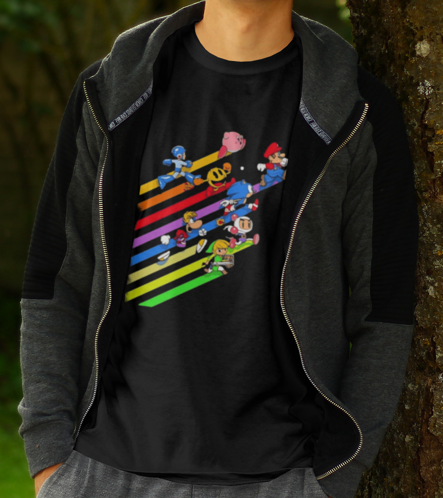 Legends Gaming Mario Pac Man Mega Man Sonic Link Kirby Bomberman Rayman Characters T-Shirt