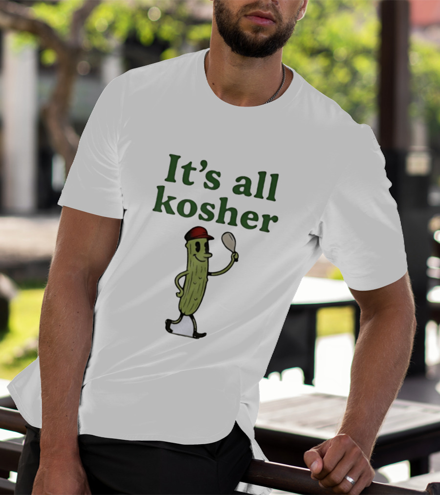 Kosher Pickle Cartoon With Baseball Cap And Spoon T-Shirt