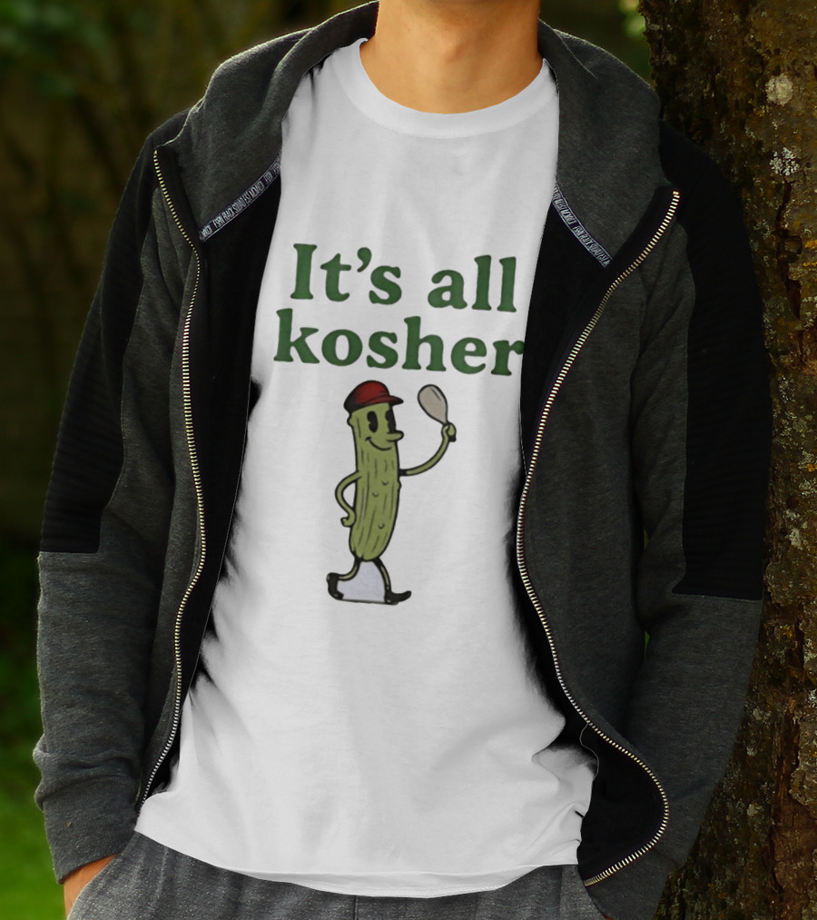 Kosher Pickle Cartoon With Baseball Cap And Spoon T-Shirt