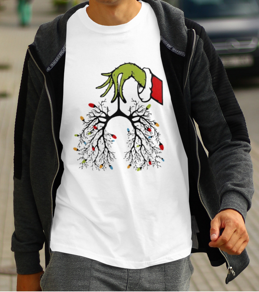 Christmas 2025 Nurse Lungs With Lights And Green Hand Santa Sleeve T-Shirt