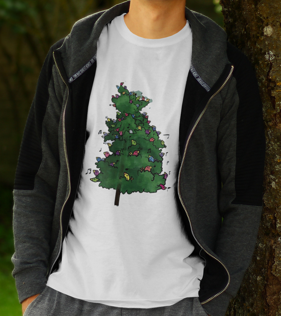 Colorful Singing Birds In Evergreen Tree With Musical Notes T-Shirt