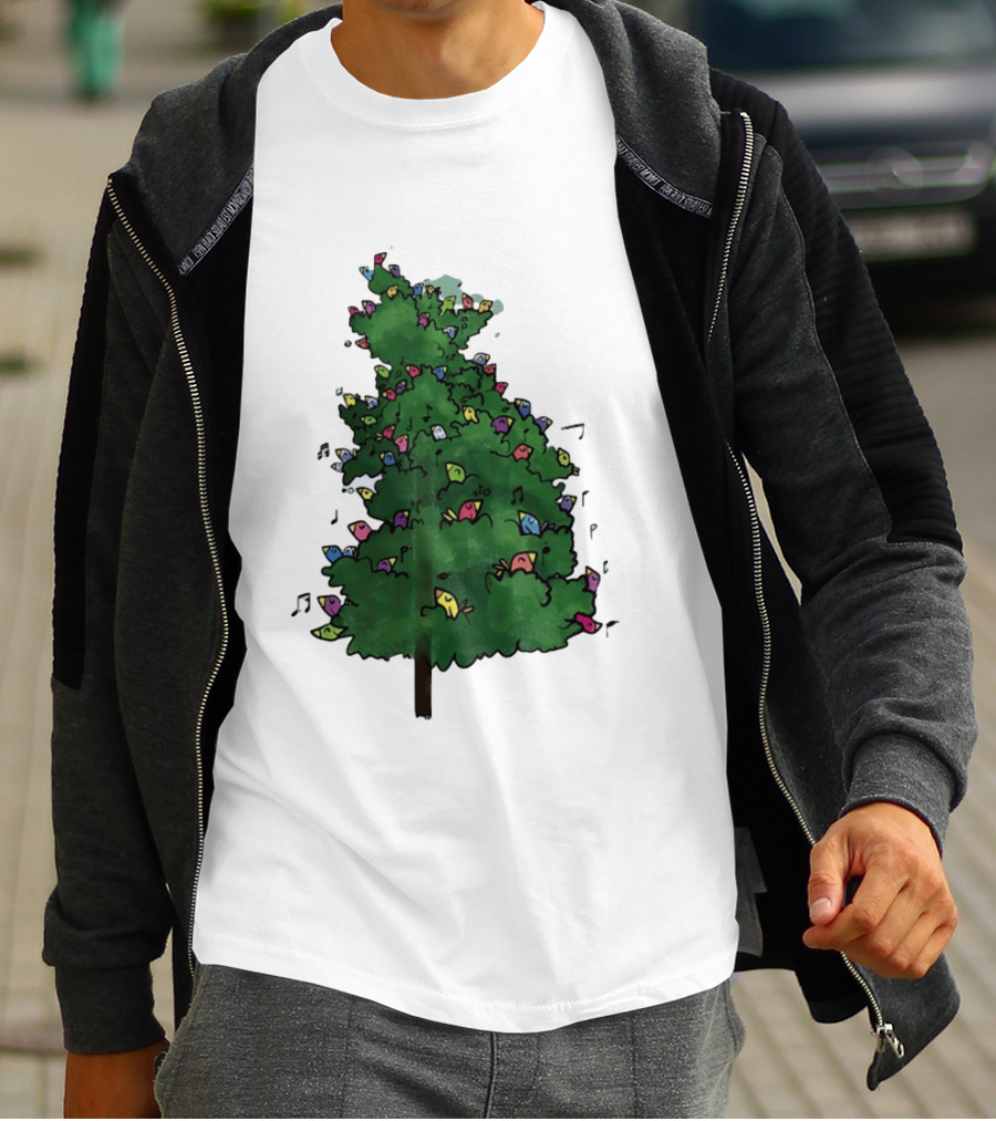 Colorful Singing Birds In Evergreen Tree With Musical Notes T-Shirt