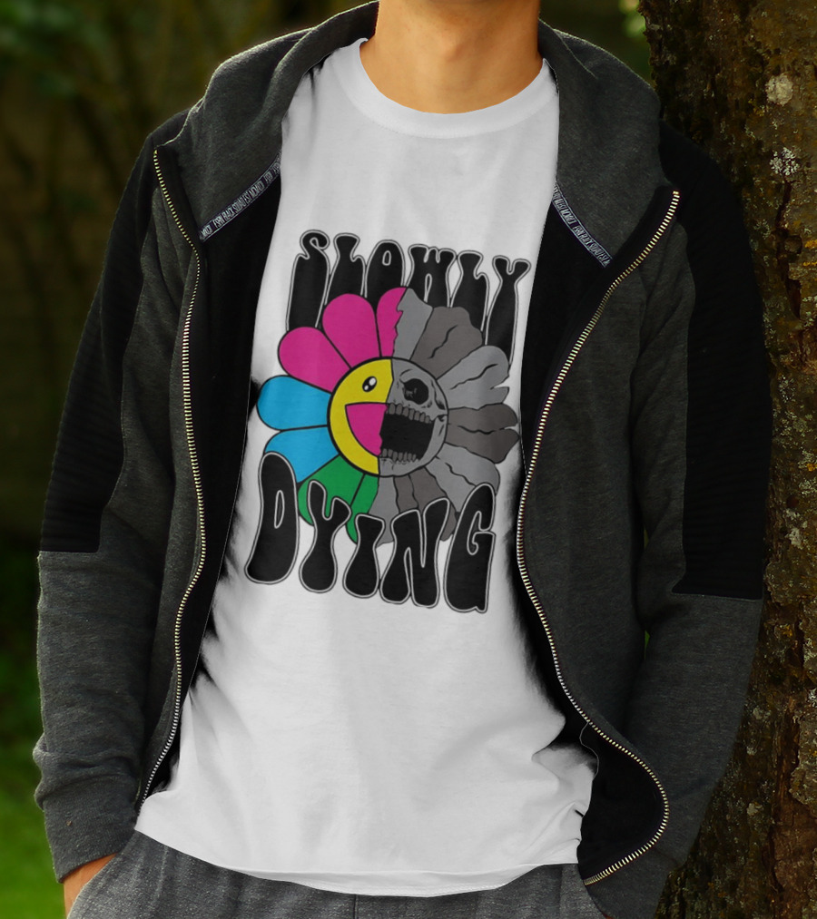 Slowly Dying Colorful Flower Skull Dark Half Happy Half Grim T-Shirt