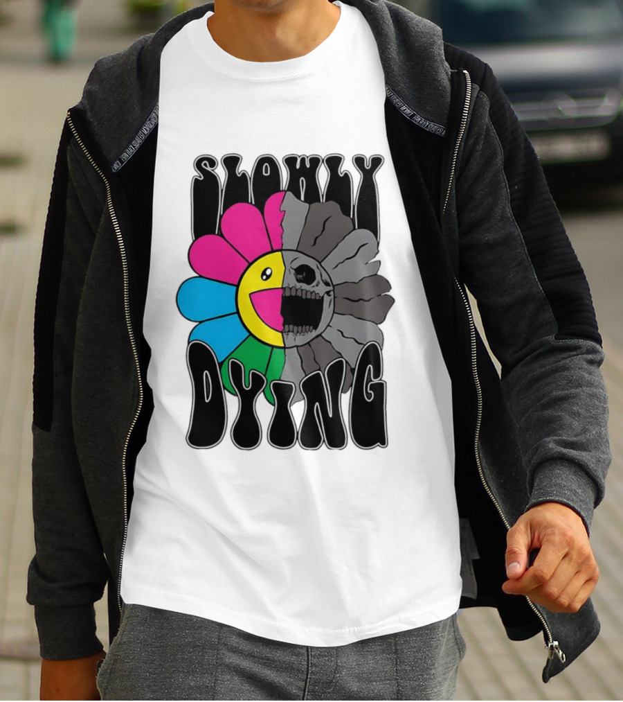 Slowly Dying Colorful Flower Skull Dark Half Happy Half Grim T-Shirt