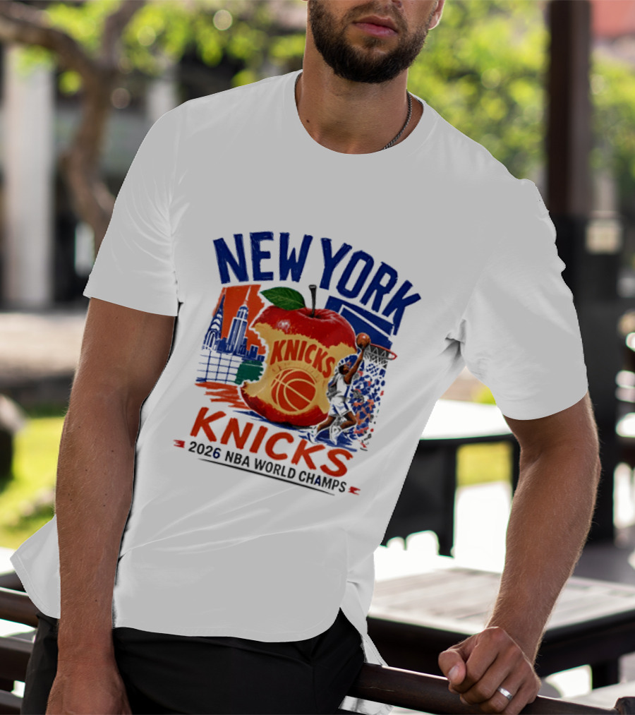 New York Knicks 2026 NBA World Champs Skyline Apple Basketball T-Shirt