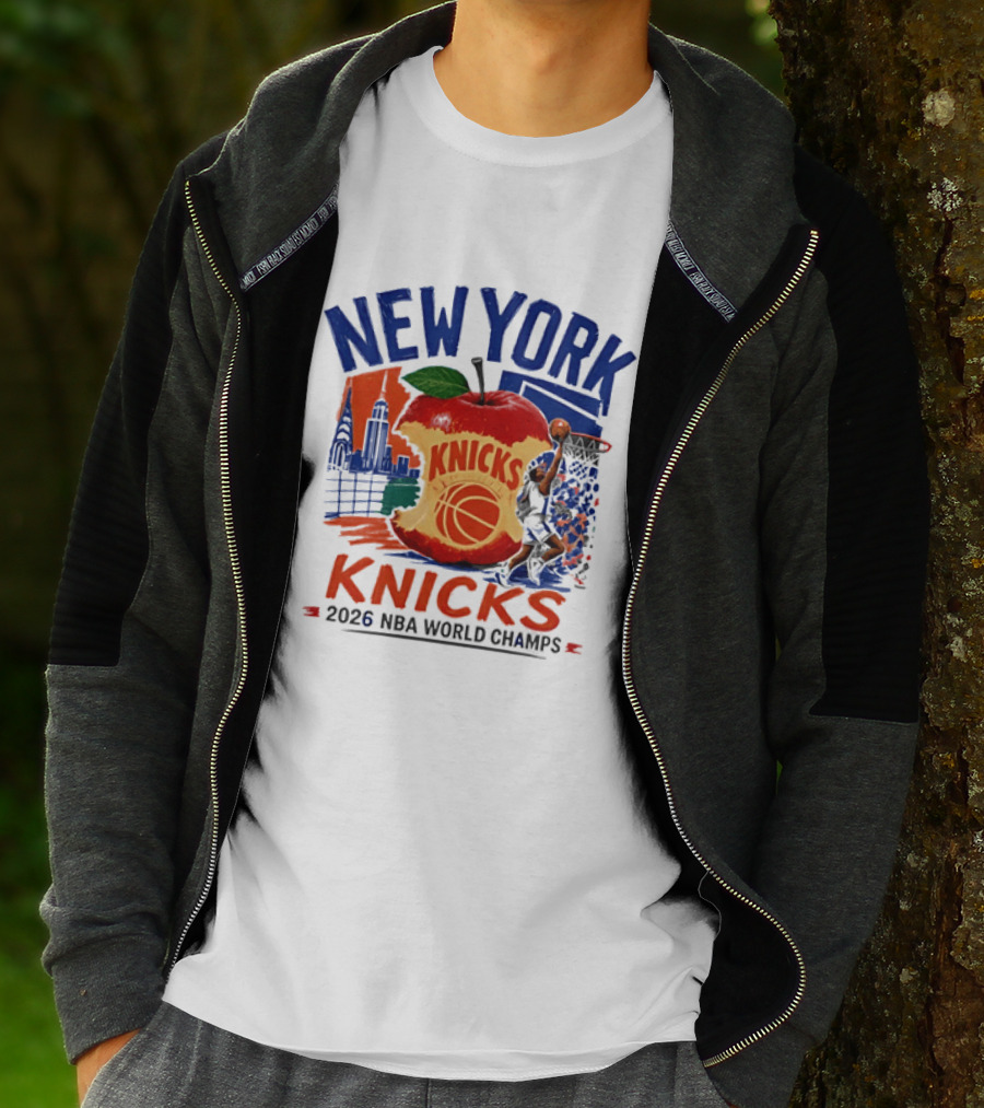 New York Knicks 2026 NBA World Champs Skyline Apple Basketball T-Shirt