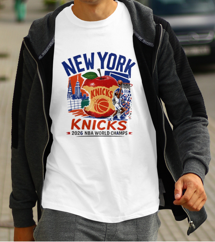 New York Knicks 2026 NBA World Champs Skyline Apple Basketball T-Shirt