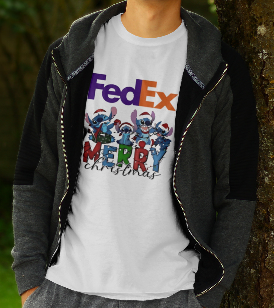 FedEx Stitch Merry Christmas 2025 Characters In Santa Hats T-Shirt
