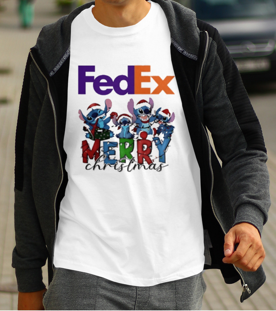 FedEx Stitch Merry Christmas 2025 Characters In Santa Hats T-Shirt