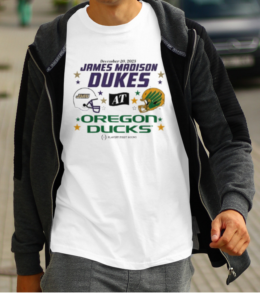 James Madison Dukes Vs Oregon Ducks December 20 2025 CFP Playoff First Round T-Shirt