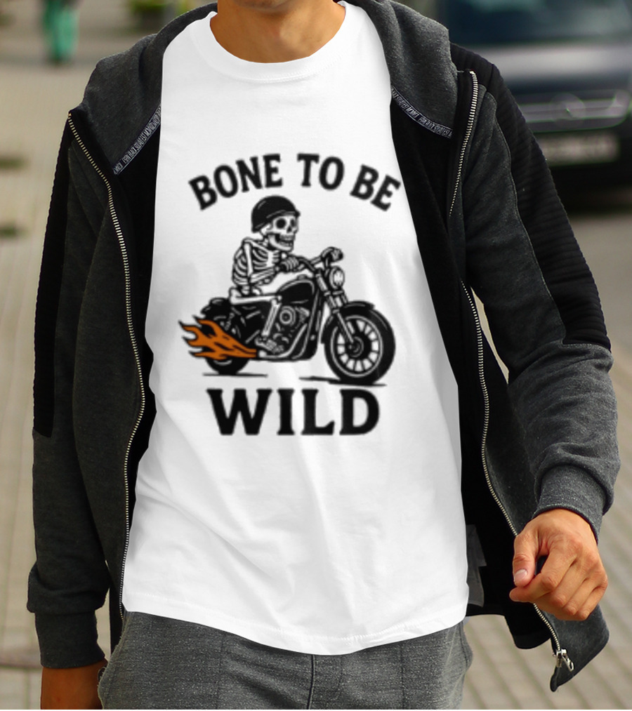 Bone To Be Wild Skeleton Motorcycle Rider Flames T-Shirt
