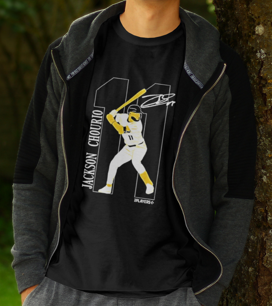 Jackson Chourio Brewers 11 Batting Pose Signature T-Shirt