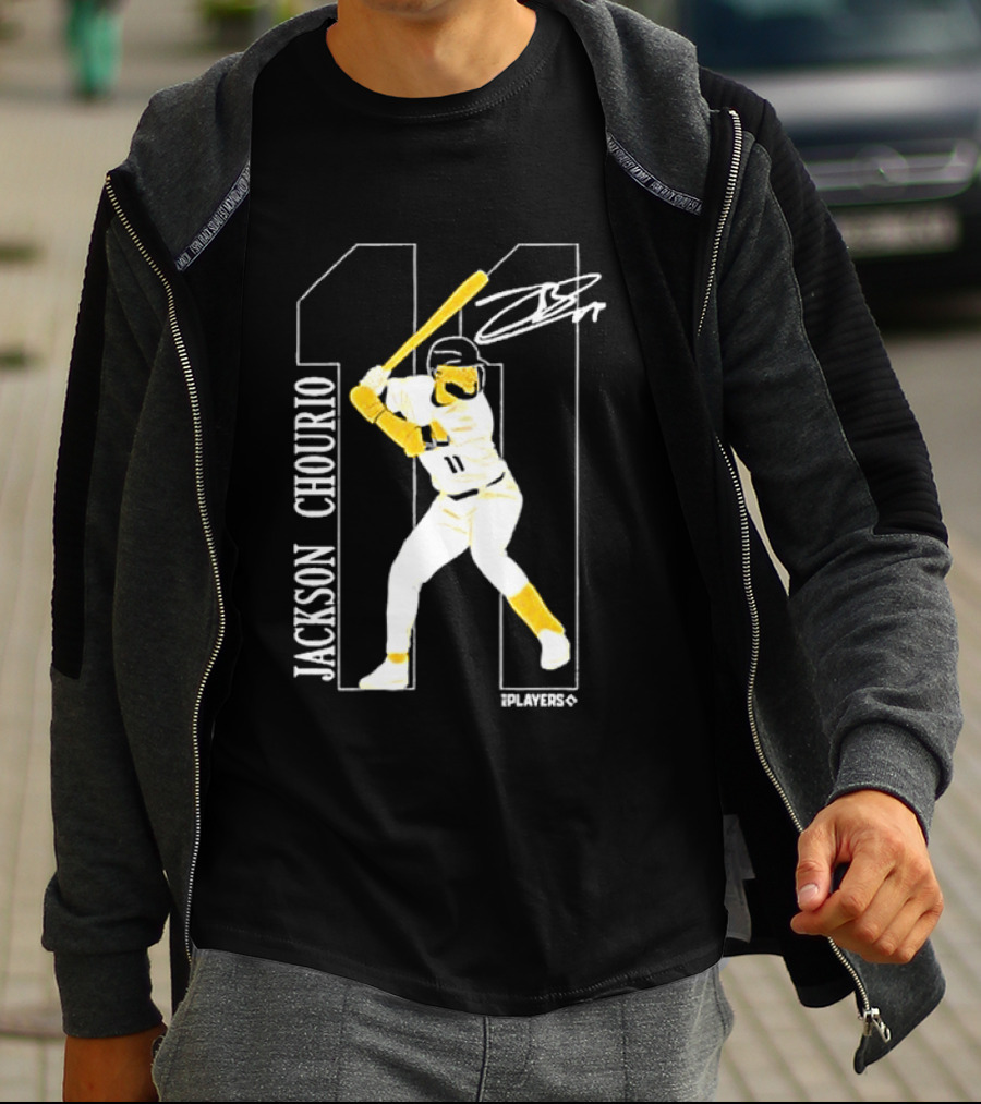 Jackson Chourio Brewers 11 Batting Pose Signature T-Shirt