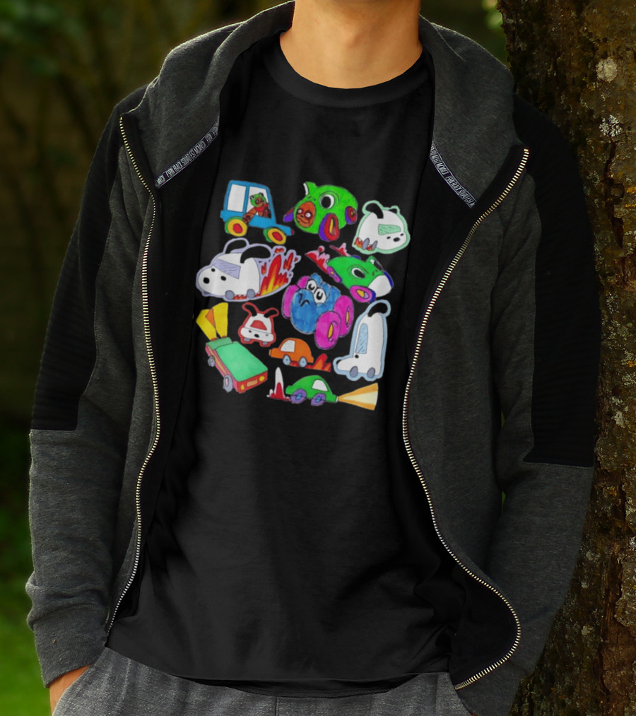 Colorful Cartoon Animal Toy Cars With Rocket Exhaust And Flames Racing Sketch T-Shirt