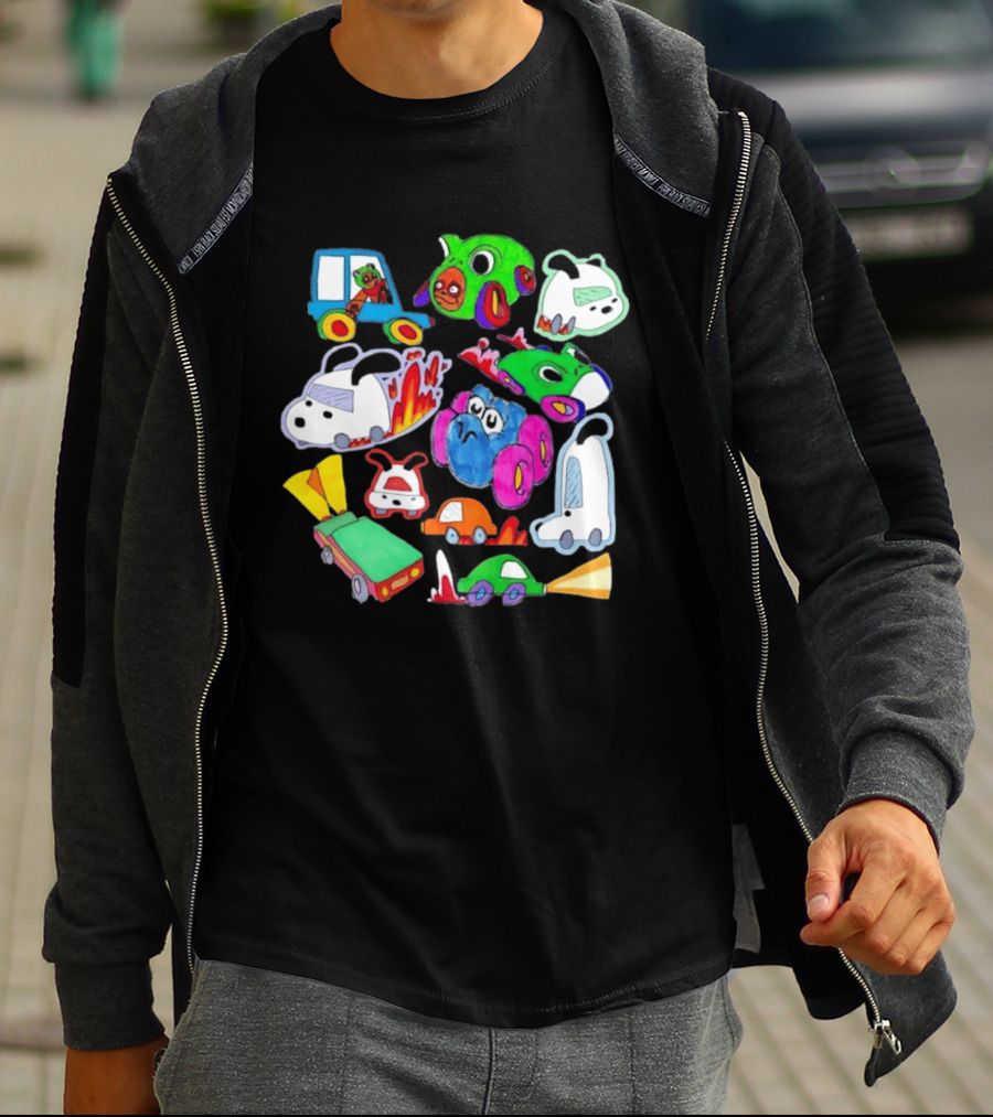 Colorful Cartoon Animal Toy Cars With Rocket Exhaust And Flames Racing Sketch T-Shirt