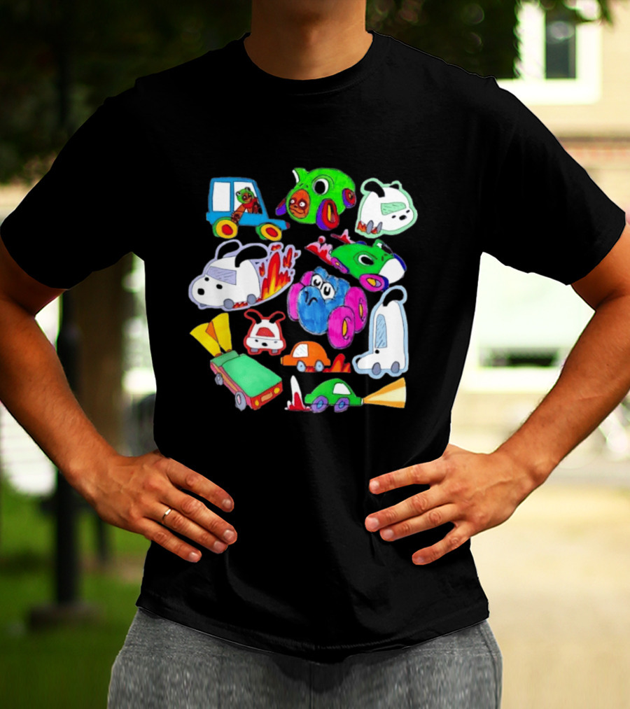 Colorful Cartoon Animal Toy Cars With Rocket Exhaust And Flames Racing Sketch T-Shirt