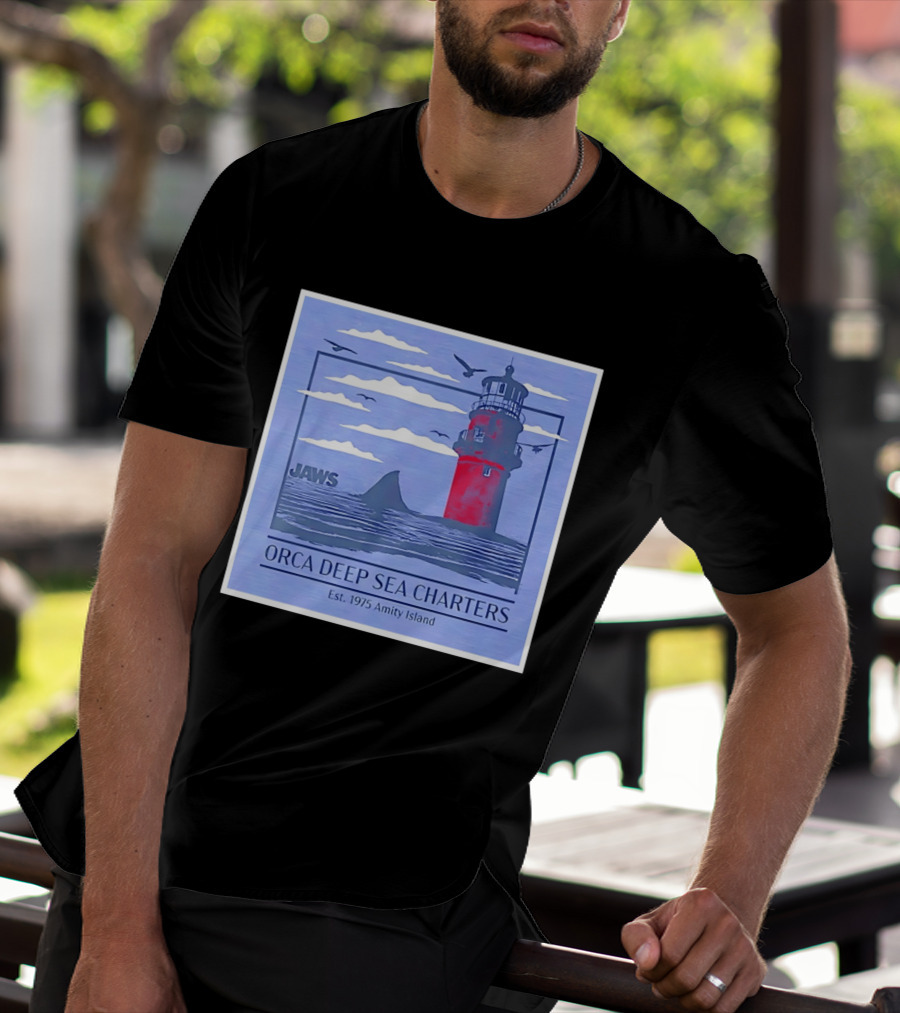 Jaws Orca Deep Sea Charters 1975 Amity Island Lighthouse Ocean Adventure T-Shirt