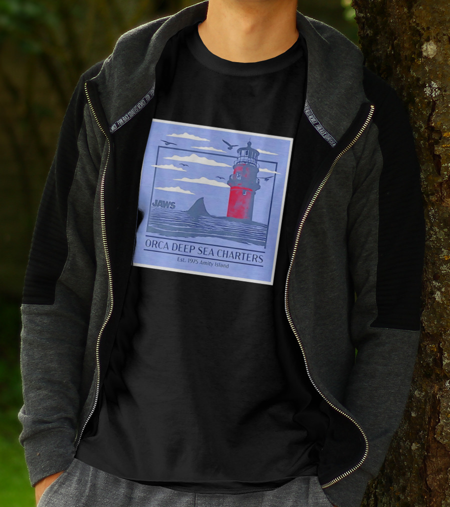 Jaws Orca Deep Sea Charters 1975 Amity Island Lighthouse Ocean Adventure T-Shirt