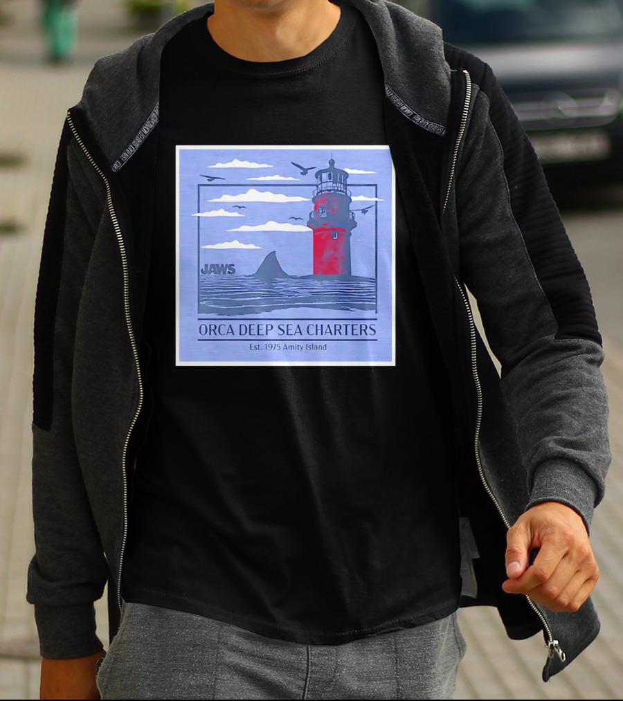 Jaws Orca Deep Sea Charters 1975 Amity Island Lighthouse Ocean Adventure T-Shirt