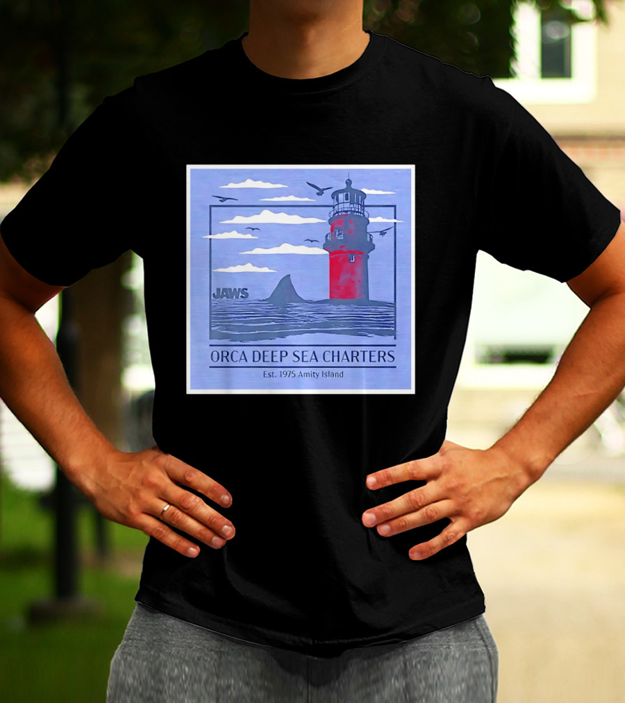 Jaws Orca Deep Sea Charters 1975 Amity Island Lighthouse Ocean Adventure T-Shirt