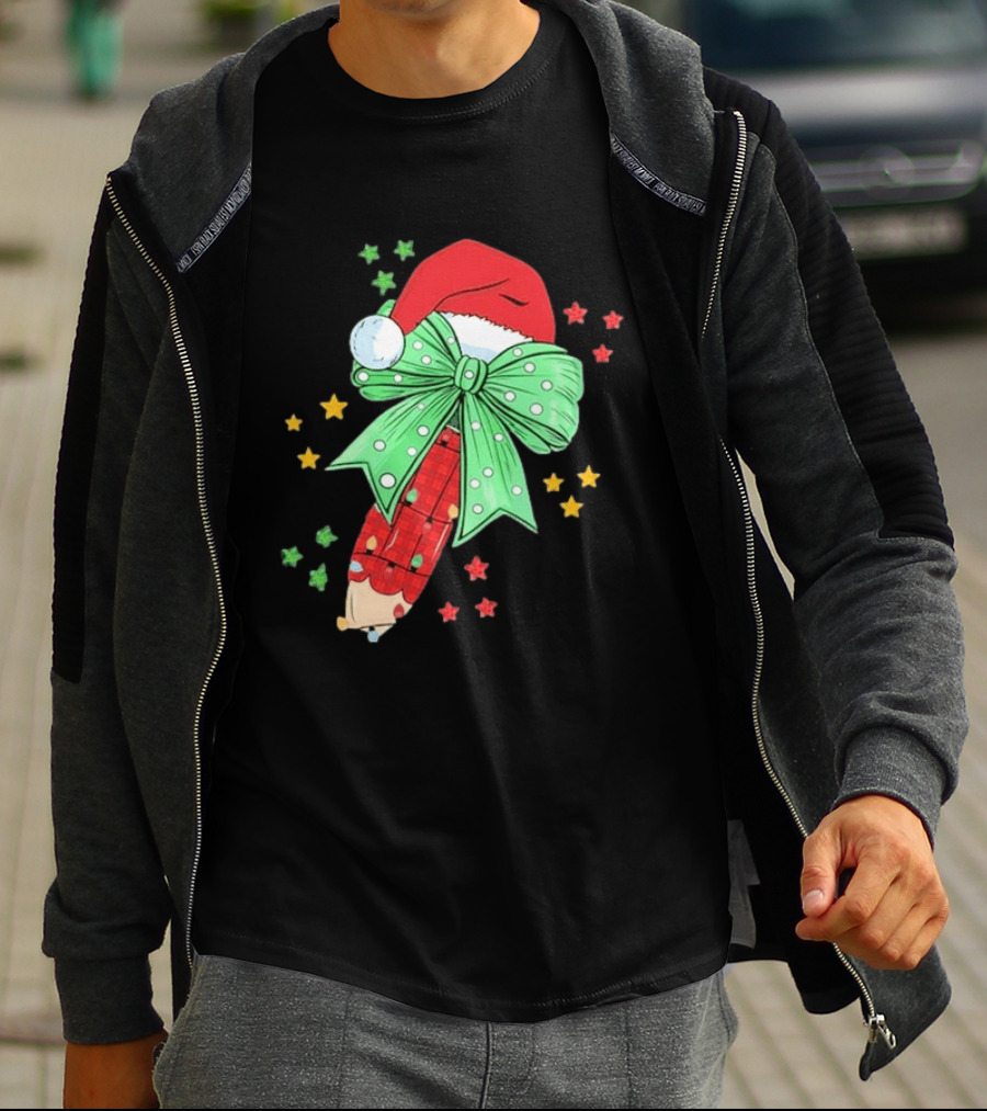Christmas Elf Pen Candy Cane With Green Bow And Santa Hat T-Shirt