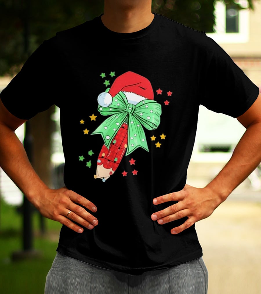 Christmas Elf Pen Candy Cane With Green Bow And Santa Hat T-Shirt