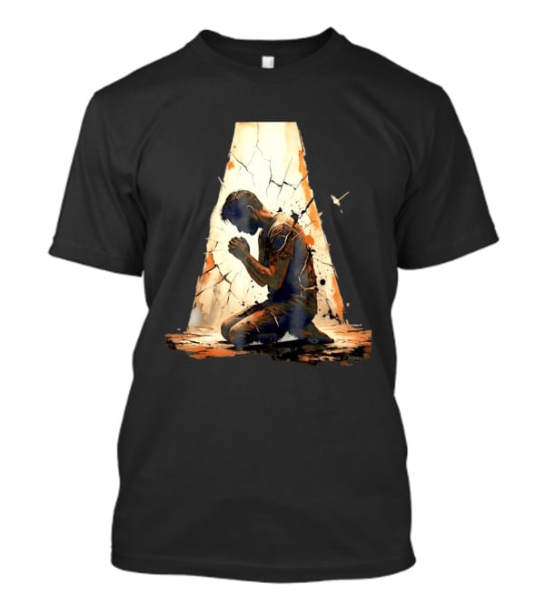 Man Kneeling In Prayer Spiritual Faith Devotion Cracked Wall And Light T-Shirt