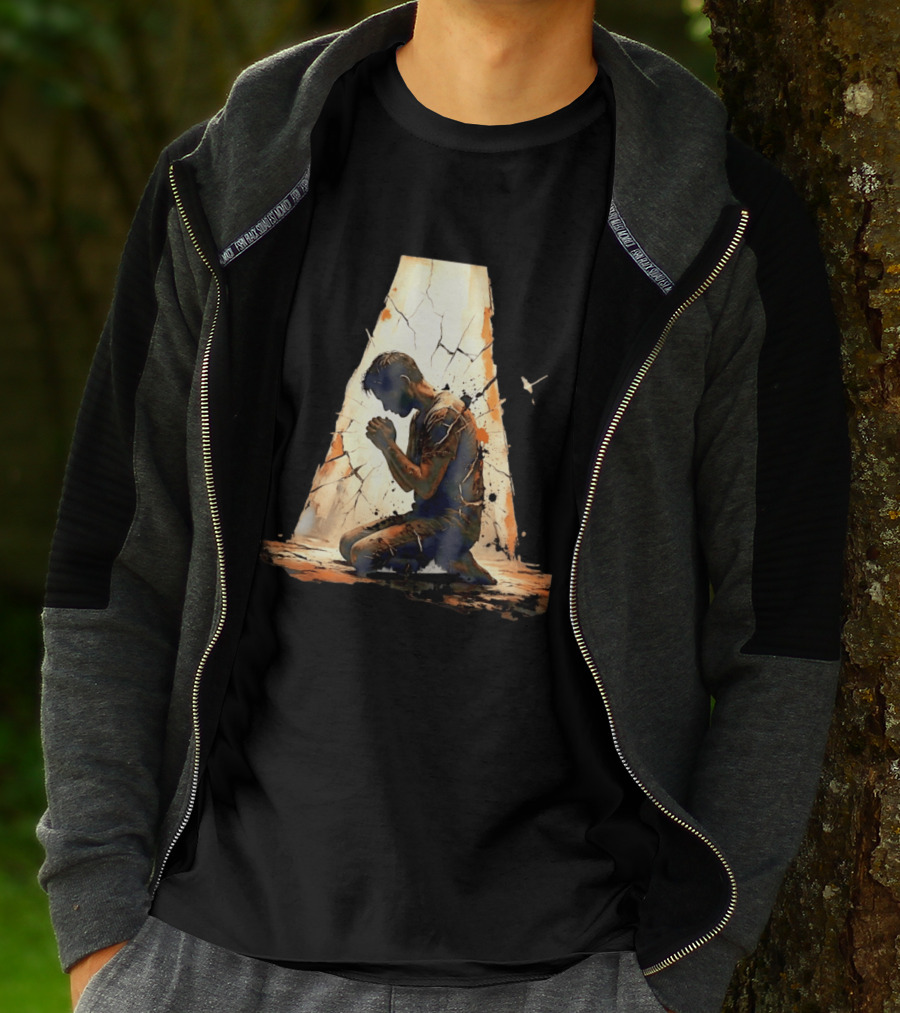 Man Kneeling In Prayer Spiritual Faith Devotion Cracked Wall And Light T-Shirt