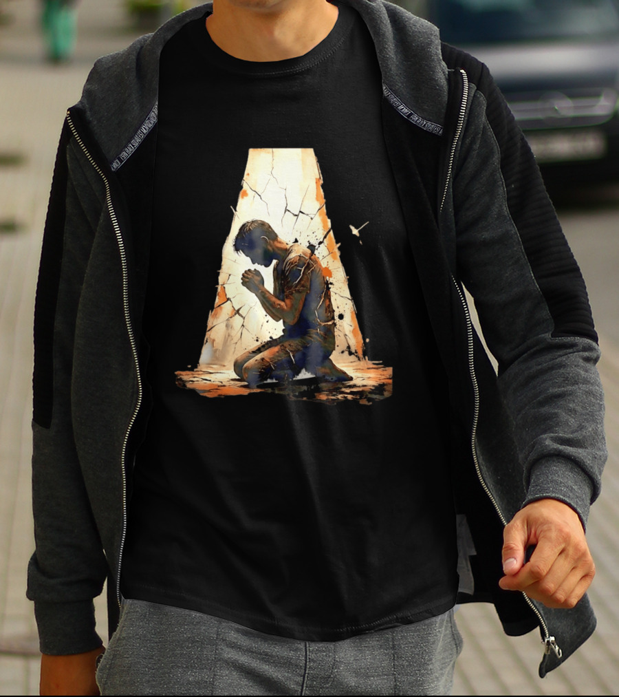 Man Kneeling In Prayer Spiritual Faith Devotion Cracked Wall And Light T-Shirt