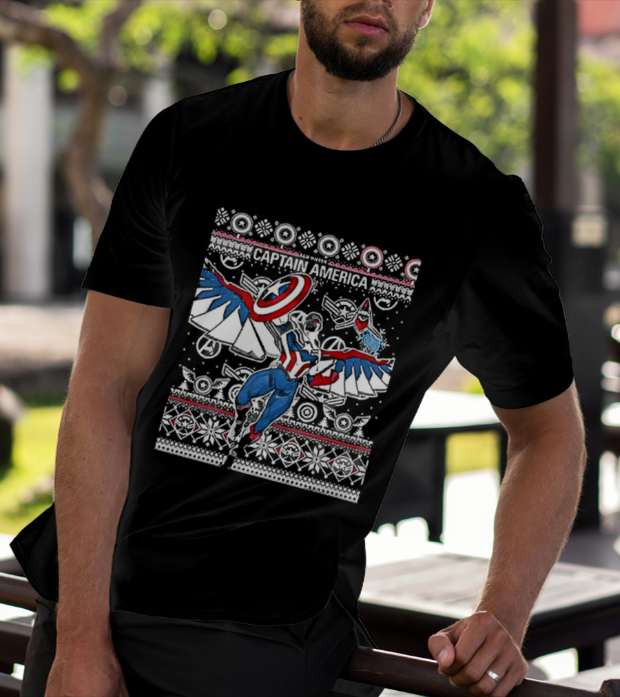 Marvel Captain America Sam Wilson Christmas Sweater Style Festive Holiday T-Shirt
