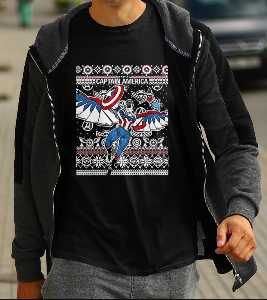 Marvel Captain America Sam Wilson Christmas Sweater Style Festive Holiday T-Shirt