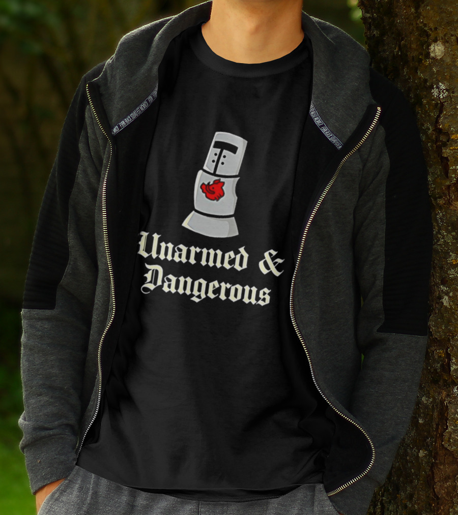 Unarmed And Dangerous Classic Medieval Helmet With Red Mark T-Shirt