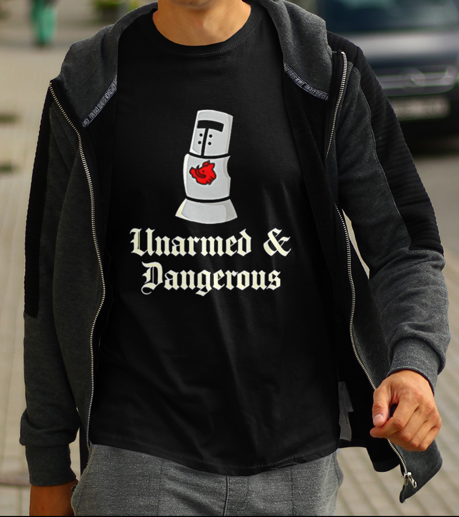 Unarmed And Dangerous Classic Medieval Helmet With Red Mark T-Shirt
