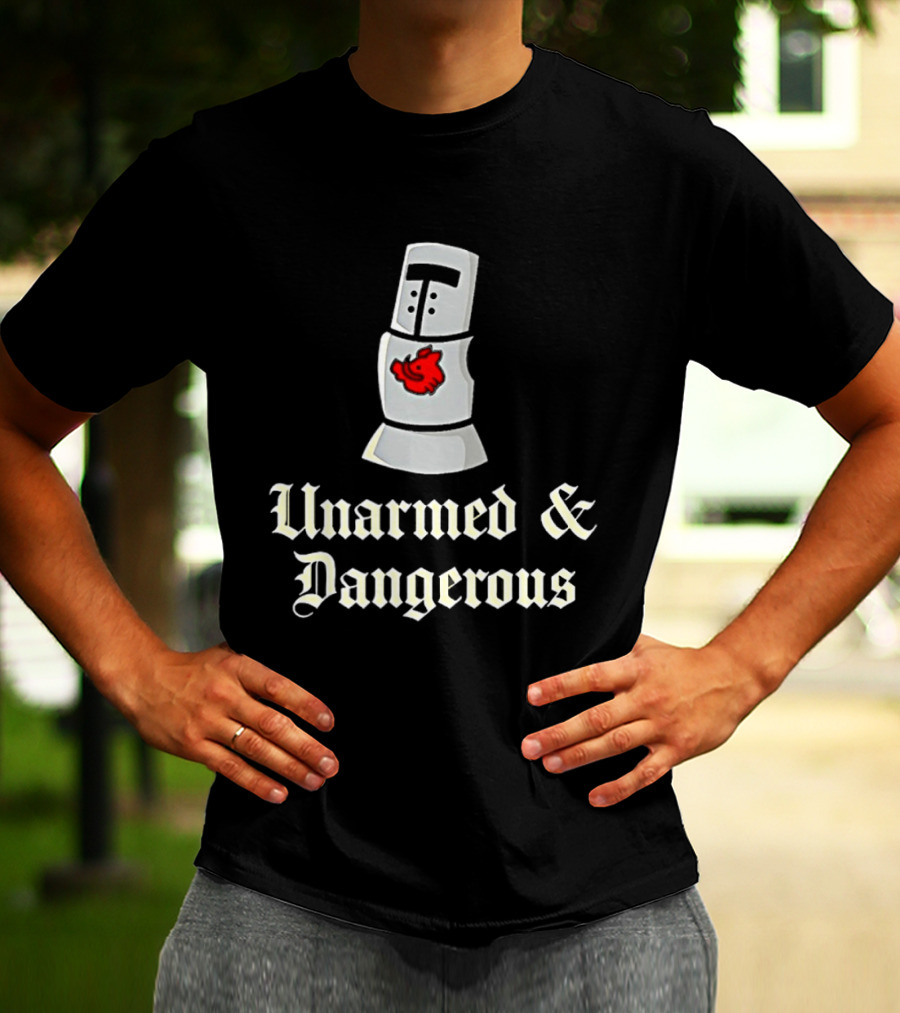 Unarmed And Dangerous Classic Medieval Helmet With Red Mark T-Shirt