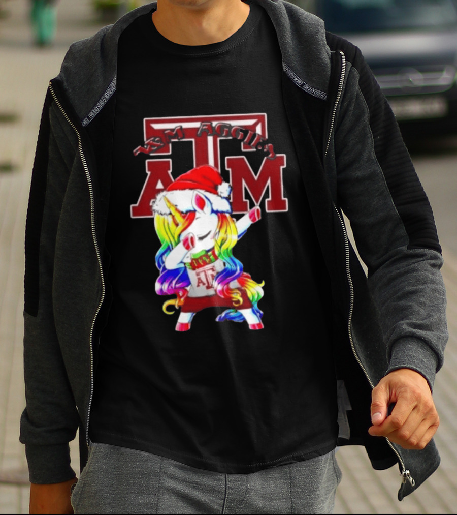Texas Am Aggies Unicorn Dabbing Santa Hat Merry Christmas T-Shirt