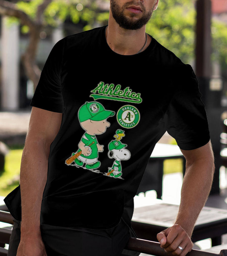 Oakland Athletics MLB Charlie Brown Snoopy Woodstock Baseball Peanuts Characters T-Shirt