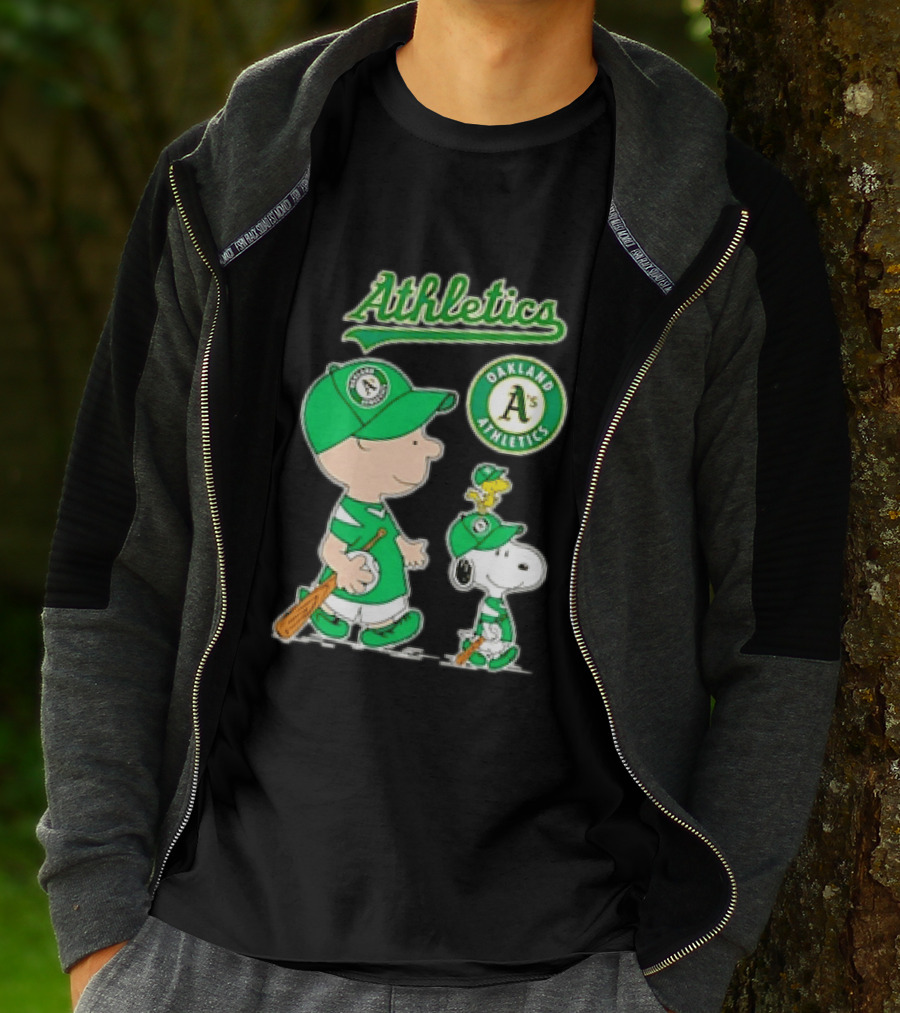 Oakland Athletics MLB Charlie Brown Snoopy Woodstock Baseball Peanuts Characters T-Shirt