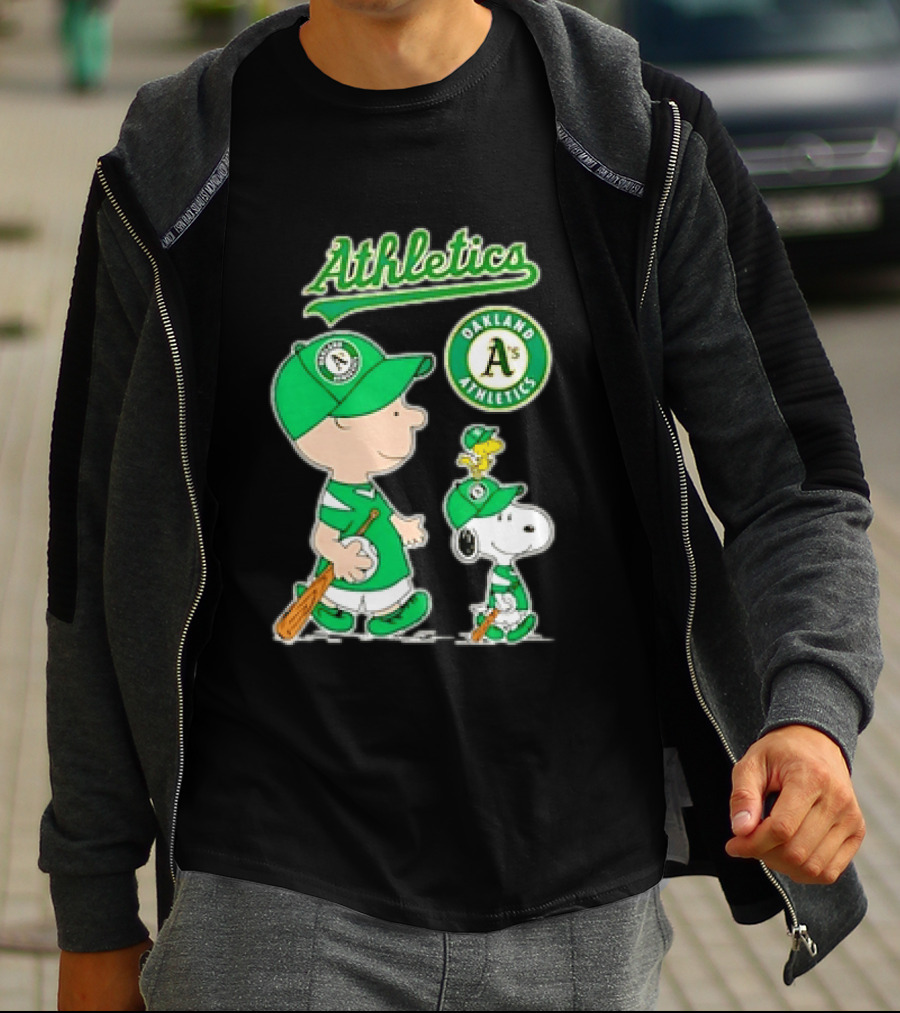 Oakland Athletics MLB Charlie Brown Snoopy Woodstock Baseball Peanuts Characters T-Shirt