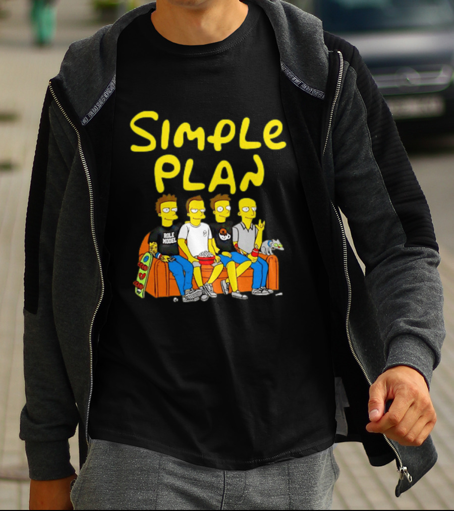 Simple Plan Band Members Cartoon Style On Couch T-Shirt
