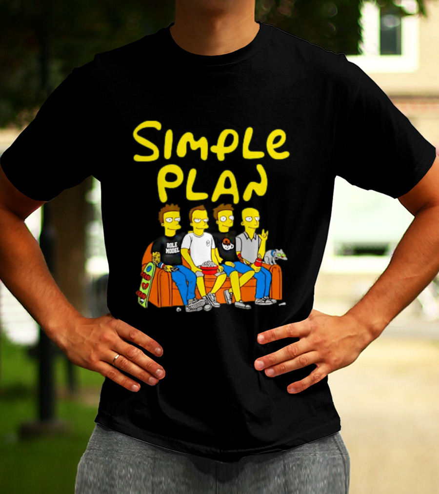 Simple Plan Band Members Cartoon Style On Couch T-Shirt