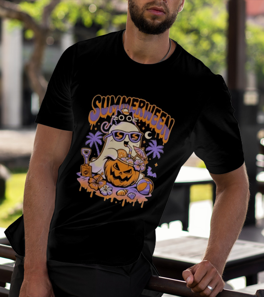 Summerween Cartoon Ghost Sunglasses Drinking Pumpkin Beach Vibes T-Shirt