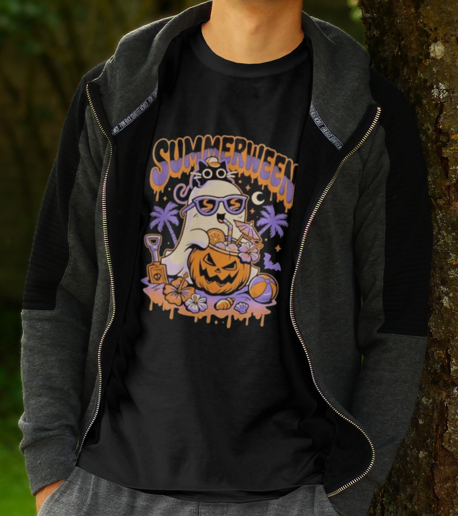 Summerween Cartoon Ghost Sunglasses Drinking Pumpkin Beach Vibes T-Shirt