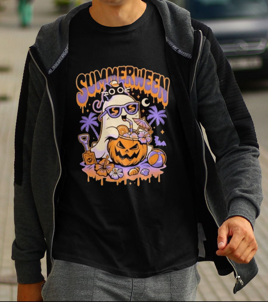 Summerween Cartoon Ghost Sunglasses Drinking Pumpkin Beach Vibes T-Shirt